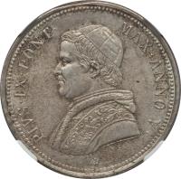 obverse of 50 Baiocchi - Pius IX (1850 - 1857) coin with KM# 1357 from Italian States. Inscription: PIVS · IX · PONT · MAX · ANNO · V · N.C.