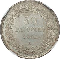 reverse of 50 Baiocchi - Pius IX (1850 - 1857) coin with KM# 1357 from Italian States. Inscription: 50 BAIOCCHI 1850 R