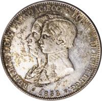 obverse of 5 Lire / 1 Scudo - Roberto di Borbone (1858) coin with C# 36 from Italian States. Inscription: ROBERTO I.D.DI PAR.PIAC.ECC. E. LUISA M.DI BORB. REGG. D · BENTELLI 1858