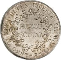 reverse of 1/2 Scudo (1798) coin with C# 2 from Italian States. Inscription: ANNO · VII · REP · I · DELLA · LIBERTÀ · PIEMONTESE MEZZO SCUDO