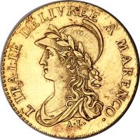 obverse of 20 Francs (1800 - 1801) coin with C# 5 from Italian States. Inscription: L'ITALIE DELIVREE A MARENCO