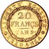 reverse of 20 Francs (1800 - 1801) coin with C# 5 from Italian States. Inscription: LIBERTE EGALITE ERIDANIA 20 FRANCS L'AN 9