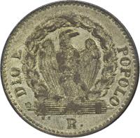 obverse of 16 Baiocchi (1849) coin with KM# 26 from Italian States. Inscription: DIO E	POPULO N.C. R.