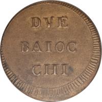 reverse of 2 Baiocchi (1799) coin with KM# 7 from Italian States. Inscription: DVE . BAIOC CHI.