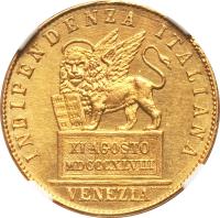 obverse of 20 Lire (1848) coin with KM# 806 from Italian States. Inscription: INDIPENDENZA - ITALIANA XI AGOSTO MDCCCXLVIII