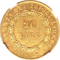 reverse of 20 Lire (1848) coin with KM# 806 from Italian States. Inscription: ALLEANZA DEI POPOLI LIBERI 20 LIRE