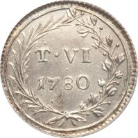 reverse of 6 Tari - Emmanuel de Rohan (1776 - 1780) coin with KM# 303 from Order of Malta. Inscription: T · VI 1780