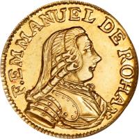 obverse of 5 Scudi - Emmanuel de Rohan (1779) coin with KM# 318 from Order of Malta. Inscription: F EMMANUEL DE ROHAN