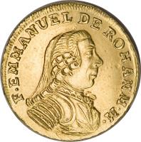 obverse of 10 Scudi - Emmanuel de Rohan (1778 - 1782) coin with KM# 310 from Order of Malta. Inscription: F EMMANUEL DE ROHAN M M