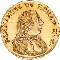 obverse of 20 Scudi - Emmanuel de Rohan (1778) coin with KM# 311 from Order of Malta. Inscription: F EMMANUEL DE ROHAN M * M *