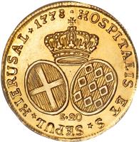 reverse of 20 Scudi - Emmanuel de Rohan (1778) coin with KM# 311 from Order of Malta. Inscription: HOSPITALIS ET S SEPUL * HIERUSAL * 1778