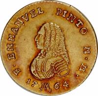 obverse of 20 Scudi - Emmanuel Pinto (1764) coin with KM# 276 from Order of Malta. Inscription: F. EMMANVEL PINTO M.M. 17 64