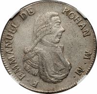 obverse of 2 Scudi - Emmanuel de Rohan (1796) coin with KM# 343 from Order of Malta. Inscription: F · EMMANUEL DE ROHAN M · M ·