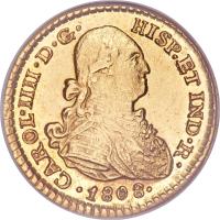 obverse of 1 Escudo - Carlos IV (1792 - 1808) coin with KM# 120 from Mexico. Inscription: CAROL · IIII