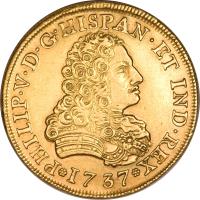 obverse of 8 Escudos - Felipe V (1732 - 1747) coin with KM# 148 from Mexico. Inscription: *1737* PHILIP * V * D * G * HISPAN * ET * IND * REX