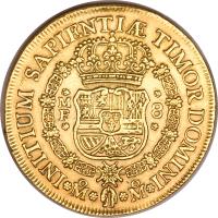 reverse of 8 Escudos - Felipe V (1732 - 1747) coin with KM# 148 from Mexico. Inscription: 8 MF Mo Mo INITIUM SAPINTIAE TIMOR DOMINI