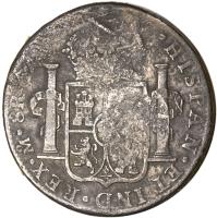 reverse of 8 Reales - Carlos IV - Chilpanzingo and Morelos; Countermarked (1806) coin with KM# 284 from Mexico.