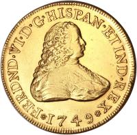 obverse of 8 Escudos - Fernando VI (1748 - 1751) coin with KM# 150 from Mexico.