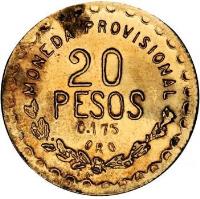 reverse of 20 Pesos - Provisional Government (1915) coin with KM# 754 from Mexico.