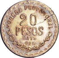 reverse of 20 Pesos - Provisional Government (1915) coin with KM# 753 from Mexico.