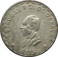 obverse of 1 Peso - Provisional Government (1915) coin with KM# 740 from Mexico. Inscription: ESTADO L. Y S. DE OAXACA * 1915 *