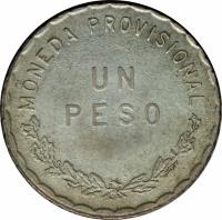 reverse of 1 Peso - Provisional Government (1915) coin with KM# 740 from Mexico. Inscription: MONEDA PROVISIONAL UN PESO