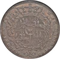 reverse of 1 Conventionsthaler - Stanisław II August (1766) coin with KM# 187 from Polish–Lithuanian Commonwealth. Inscription: XEX MARCA PURA COLONIEN. 1766 GREGE PROFIDE