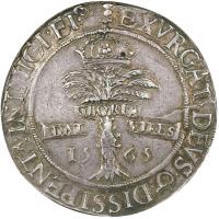 reverse of 1 Ryal - Mary I (1565) coin with SP# 5425 from Scotland. Inscription: · EXVRGAT · DEVS · & · DISSIPENTᴿ.INIMICI · EI⁹ · DAT GLORIA VIRES 15	65