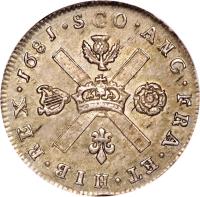 reverse of 1/4 Merk - Charles II (1677 - 1681) coin with SP# 5624 from Scotland. Inscription: SCO · ANG · FRA · ET · HIB · REX · 1681