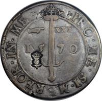 reverse of 30 Shillings - James VI - Countermarked (1578) coin with SP# 5472 from Scotland.