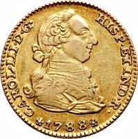 obverse of 2 Escudos - Carlos III (1786 - 1788) coin with KM# 417a from Spain. Inscription: CAROL · III · D · G · HISP · ETIND · R *1788*