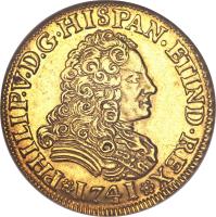 obverse of 2 Escudos - Felipe V (1730 - 1742) coin with KM# 353 from Spain. Inscription: PHILIP · V · D · G · HISPAN · ETIND · REX 1741