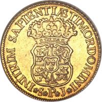 reverse of 2 Escudos - Felipe V (1730 - 1742) coin with KM# 353 from Spain. Inscription: INITIUM SAPIENTIÆTIMORDOMINI S P J