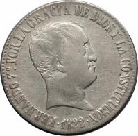 obverse of 20 Reales - Fernando VII - Madrid; 3'rd Portrait (1821 - 1823) coin with KM# 561 from Spain. Inscription: FERNANDO 7°. POR LA GRACIA DE DIOS Y LA CONSTITUCION .1822.