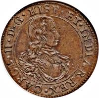 obverse of 1 Liard - Carlos II (1679 - 1691) coin with KM# 91 from Spanish Netherlands.