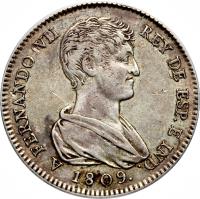 obverse of 2 Reales - Fernando VII - Valencia Loyalty - Valencia (1809) coin with KM# 80 from Spanish States. Inscription: A FERNANDO VII REX DE ESP. ET IND. 1809.