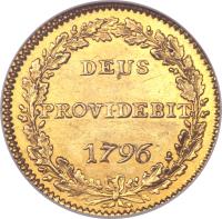 reverse of 1 Duplone (1796) coin with KM# 152 from Swiss cantons. Inscription: DEUS PROVIDEBIT 1796