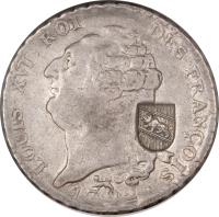 obverse of 40 Batzen - Countermarked (1816) coin with KM# 182 from Swiss cantons. Inscription: LOUIS XVI ROI	DES FRANÇOIS 1792