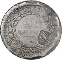 obverse of 40 Batzen - Countermarked (1816) coin with KM# 183 from Swiss cantons. Inscription: REPUBLIQUE FRANÇOISE SIX LIVRES. A · L'AN II ·