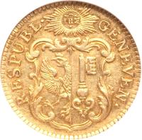 obverse of 1 Pistole (1752 - 1770) coin with KM# 77 from Swiss cantons. Inscription: RESPUBL · 	GENEVEN · IHΣ