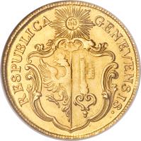 obverse of 3 Pistoles (1771) coin with KM# 84 from Swiss cantons. Inscription: RESPUBLICA	GENEVENSIS · IHS