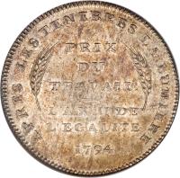 reverse of 1 Genevoise (1794) coin with KM# 98 from Swiss cantons. Inscription: APRES LES TENEBRES LA LUMIERE PRIX DU TRAVAIL. L'AN III · DE L'EGALITE 1794