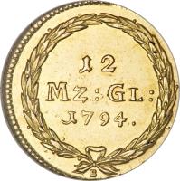 reverse of 12 Munzgulden (1796) coin with KM# 86 from Swiss cantons. Inscription: 12 MZ : GL : 1794. B