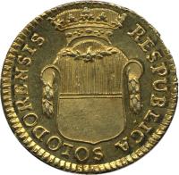 obverse of 1/2 Duplone (1796) coin with KM# 59 from Swiss cantons. Inscription: RESPUBLICA SOLODORNENSIS