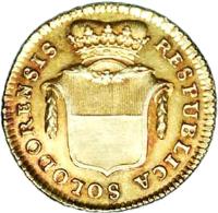 obverse of 1 Duplone (1787) coin with KM# 53 from Swiss cantons. Inscription: RESPUBLICA SOLODORNENSIS