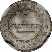 reverse of 5 Batzen (1809 - 1811) coin with KM# 68 from Swiss cantons. Inscription: CUNCTA PER DEUM 1809 5 BATZEN