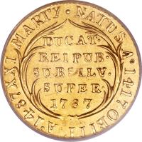 obverse of 1 Ducat (1787) coin with KM# 46 from Swiss cantons. Inscription: NATUS Aᴼ 1417 OBIIT Aᴼ 1487 XXI MARTY · DUCAT · REIPUB · SUBSILV · SUPER · 1787