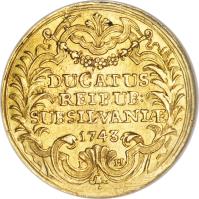 obverse of 1 Ducat (1743) coin with KM# 33 from Swiss cantons. Inscription: DUCATUS REIPUB: SUBSILVANIÆ 1743 I	H