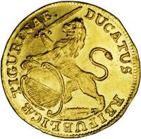 obverse of 1 Ducat (1718 - 1767) coin with KM# 140 from Swiss cantons. Inscription: REIPUBLICÆ TIGURINAE. DUCATUS