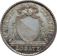 obverse of 20 Batzen (1813) coin with KM# 188 from Swiss cantons. Inscription: CANTON ZÜRICH 20. BATZ: